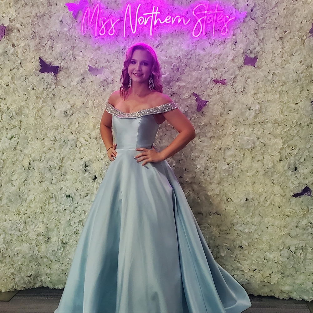 Madison James off the shoulder Cinderella blue dress